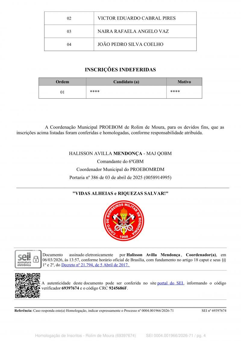 Inscrições do Programa Educacional Bombeiro Militar Mirim 2026 são homologadas e sorteio ocorrerá no dia 10 de março, em Rolim de Moura Inscrições do Programa Educacional Bombeiro Militar Mirim 2026 são homologadas e sorteio ocorrerá no dia 10 de março, em Rolim de Moura