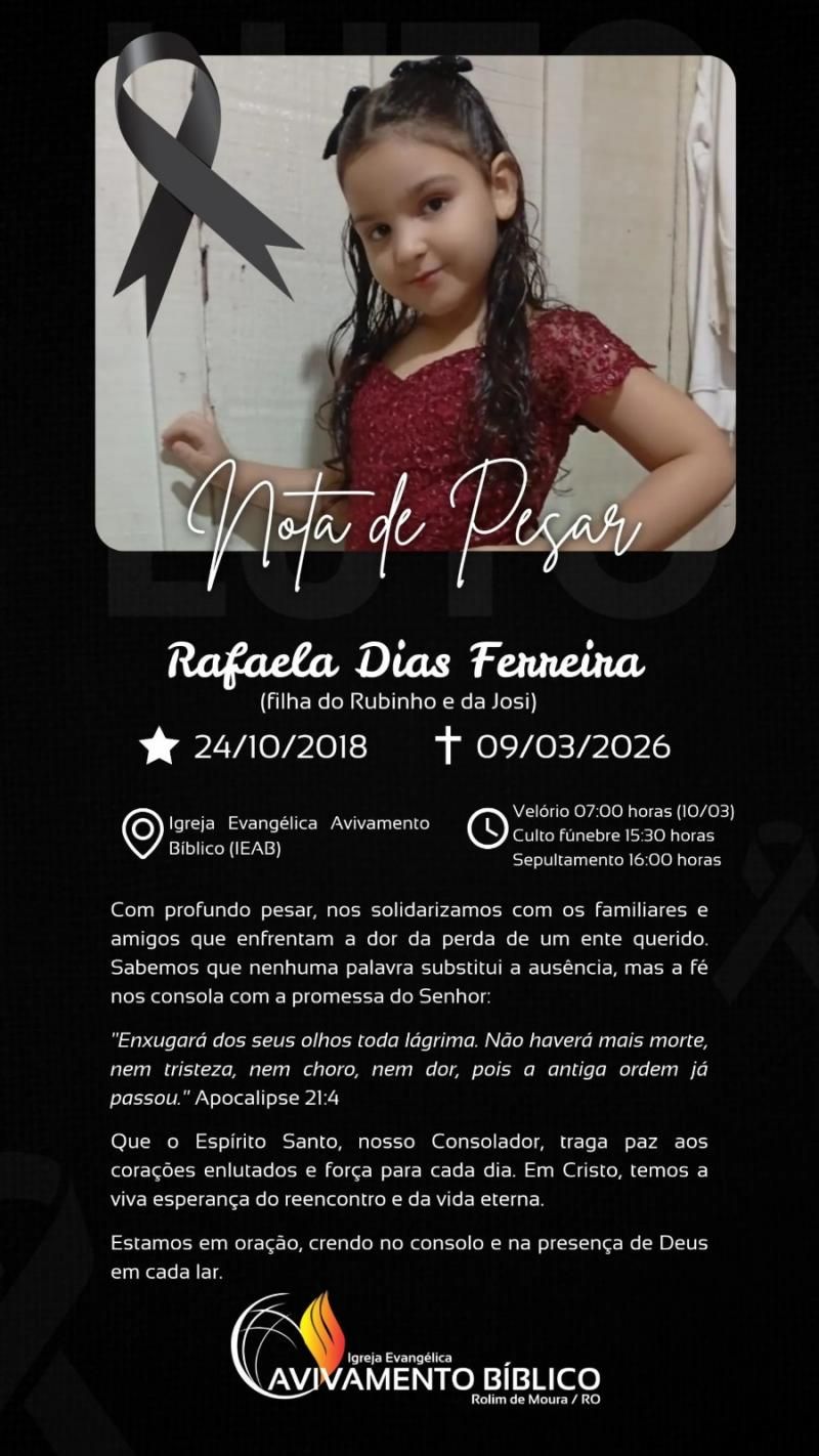 Nota de Pesar pelo falecimento da Rafaela Dias Ferreira Nota de Pesar pelo falecimento da Rafaela Dias Ferreira