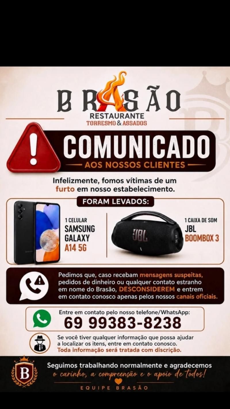 Brasão Restaurante de Cacoal foi alvo de arrombemento e furto durante a madrugada Brasão Restaurante de Cacoal foi alvo de arrombemento e furto durante a madrugada