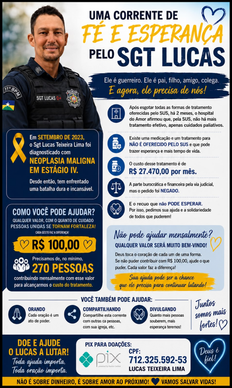 Campanha busca ajuda para tratamento do Sargento Lucas, diagnosticado com câncer em estágio IV Campanha busca ajuda para tratamento do Sargento Lucas, diagnosticado com câncer em estágio IV