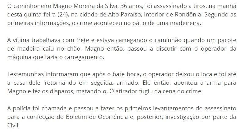 Após discussão, caminhoneiro é morto a tiro em pátio de madeireira, em Alto Paraíso