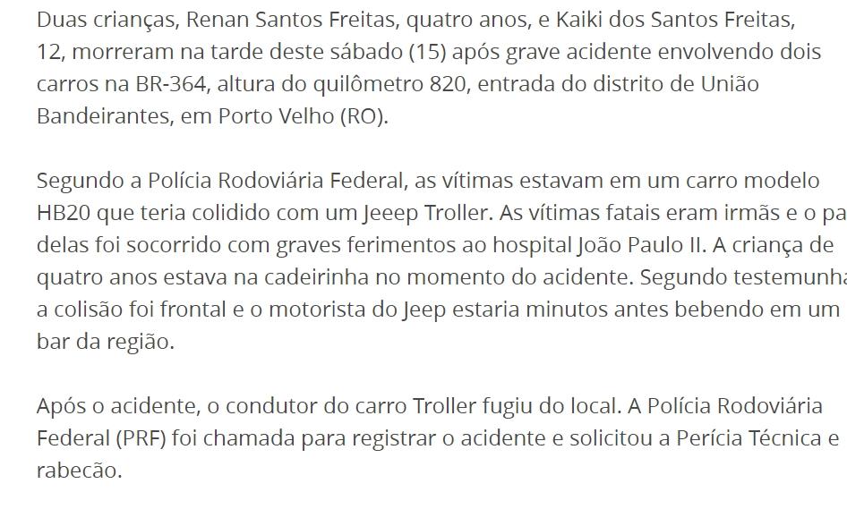 Irmãos, de 04 e 12 anos, morrem em grave acidente na BR-364, em Porto Velho
