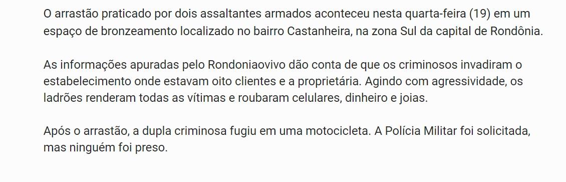 Quase 10 mulheres foram vítimas de roubo durante arrastão em sessão de bronzeamento em RO
