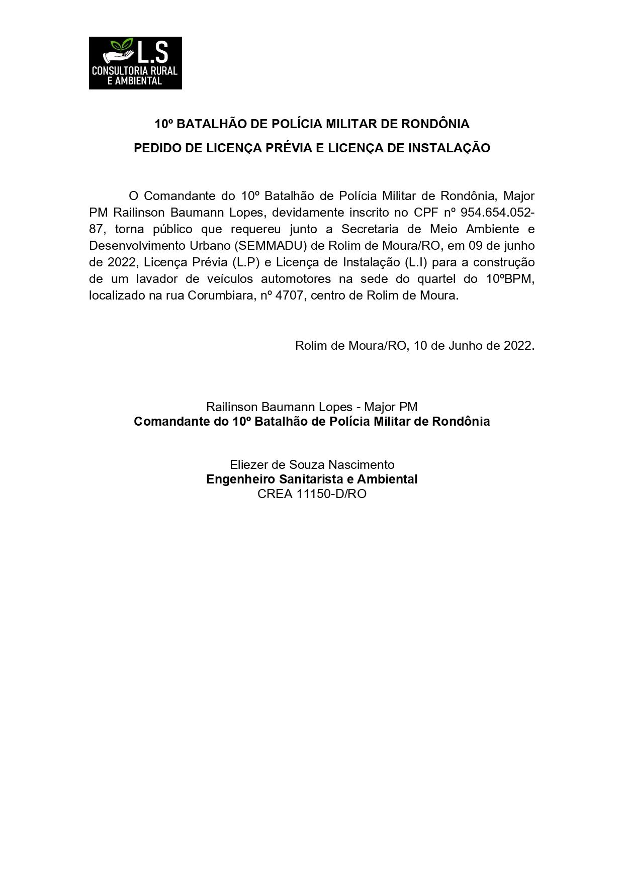 PEDIDO DE LICENÇA PRÉVIA E LICENÇA DE INSTALAÇÃO – 10º BATALHÃO