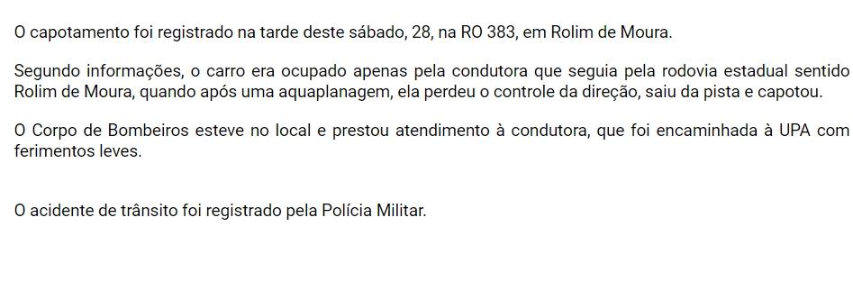 Carro capotou após aquaplanagem na RO 383 nesta tarde em Rolim de Moura; Vídeo Carro capotou após aquaplanagem na RO 383 nesta tarde em Rolim de Moura; Vídeo