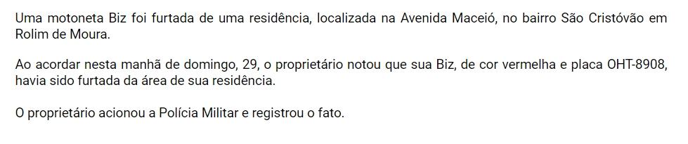 Moto foi furtada de residência durante a madrugada deste domingo em Rolim de Moura 
