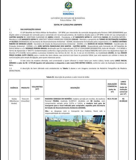 Edital de leilão para venda de madeiras em Rolim de Moura Edital de leilão para venda de madeiras em Rolim de Moura