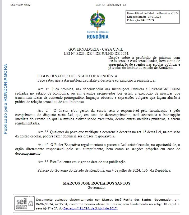 Governador sanciona lei que proíbe músicas com conteúdo sexual em escolas pública e privadas de Rondônia